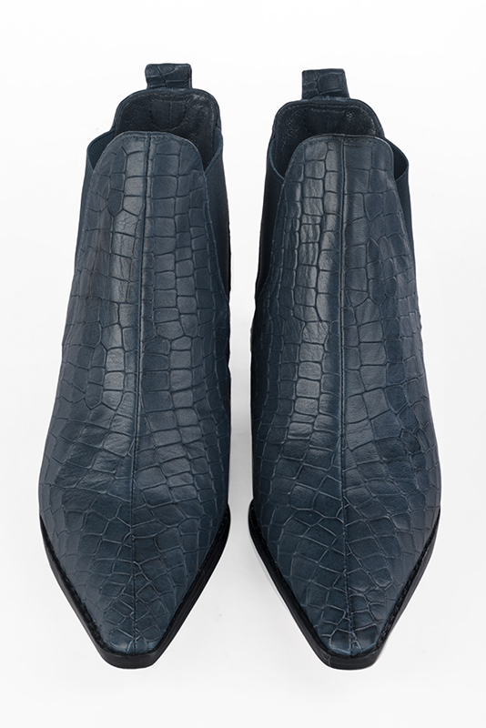 Denim blue women's elegant sneakers. Tapered toe. Medium block heels. Top view - Florence KOOIJMAN